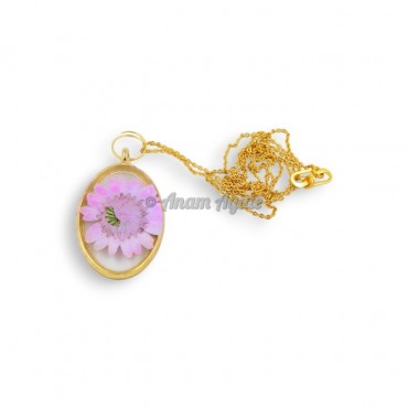 Oval Shaped Real Pink Flower Resin Necklace