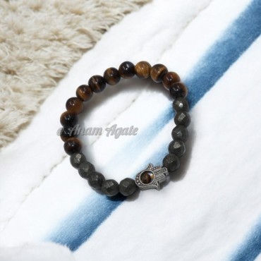 Tiger Eye & Pyrite Bracelet with Hamsa Hand