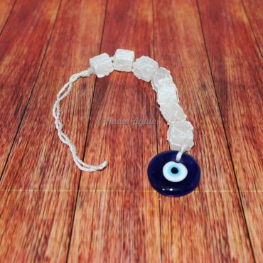 Selenite Cube Shape with Blue Evil Eye Hanger