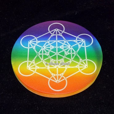 Printed Rainbow Metatron Cube Engraved Selenite Charging Plate