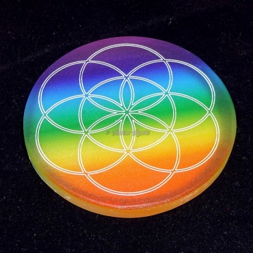 Printed Rainbow Seed of life Engraved Selenite Charging Plate