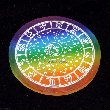 Printed Rainbow Zodiac Symbols Engraved Selenite Charging Plate