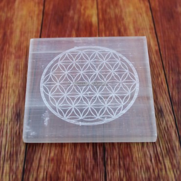 Engraved Flower of Life Selenite Charging Plate Coaster