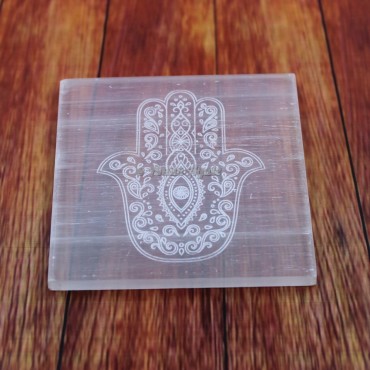 Engraved Hamsa Evil Eye Charging Selenite Plate Coaster