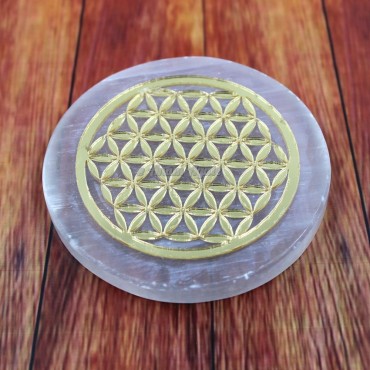 Selenite Gold Plated Flower of Life Charging Plate Coaster