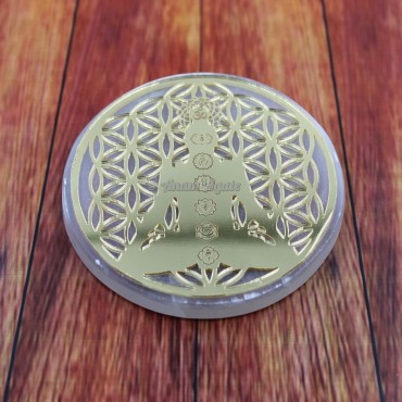 Selenite Acrylic Gold Engraved Fower of Life with Seven Chakra Charging Plate Coaster