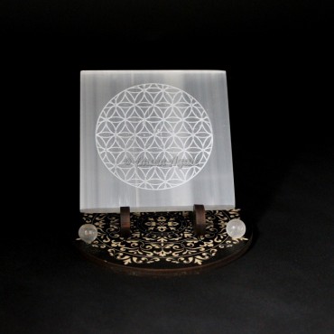 Engraved Flower of Life Selenite Plate for Reiki Healing